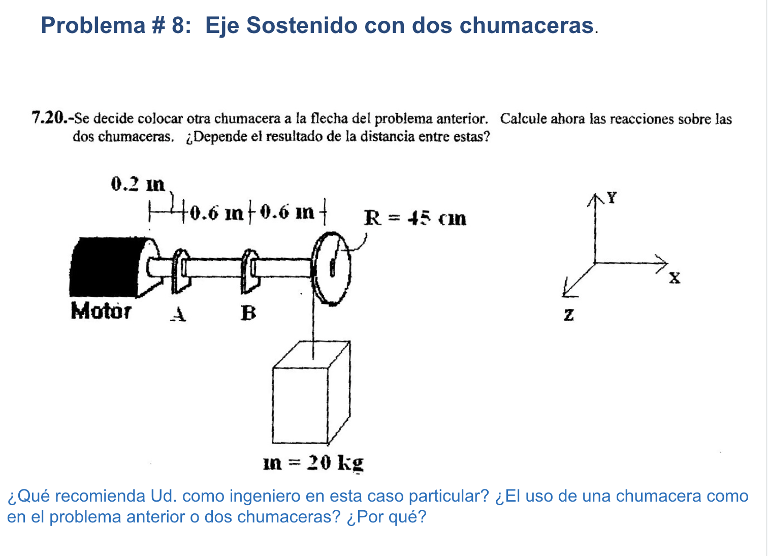 Problema \# 8: Eje Sostenido con dos chumaceras. 7.20.-Se decide colocar otra chumacera a la flecha del problema anterior. Ca