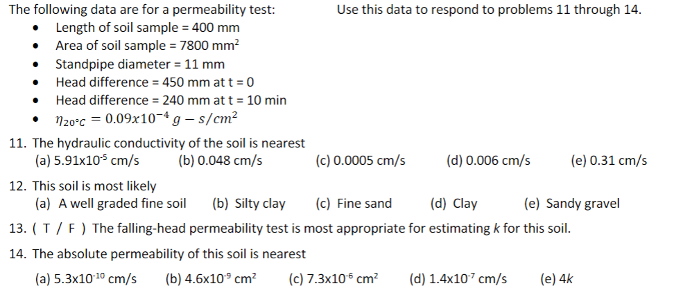 Solved . The following data are for a permeability test: Use | Chegg.com