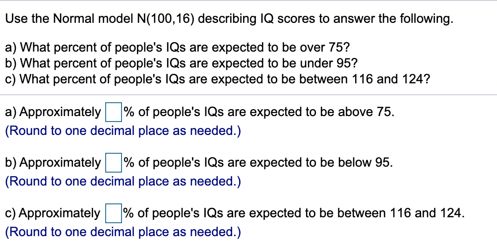 Solved Use The Normal Model N(100,16) Describing IQ Scores | Chegg.com