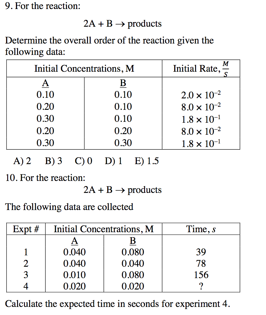 Solved 9. For The Reaction: 2A + B → Products Determine The | Chegg.com