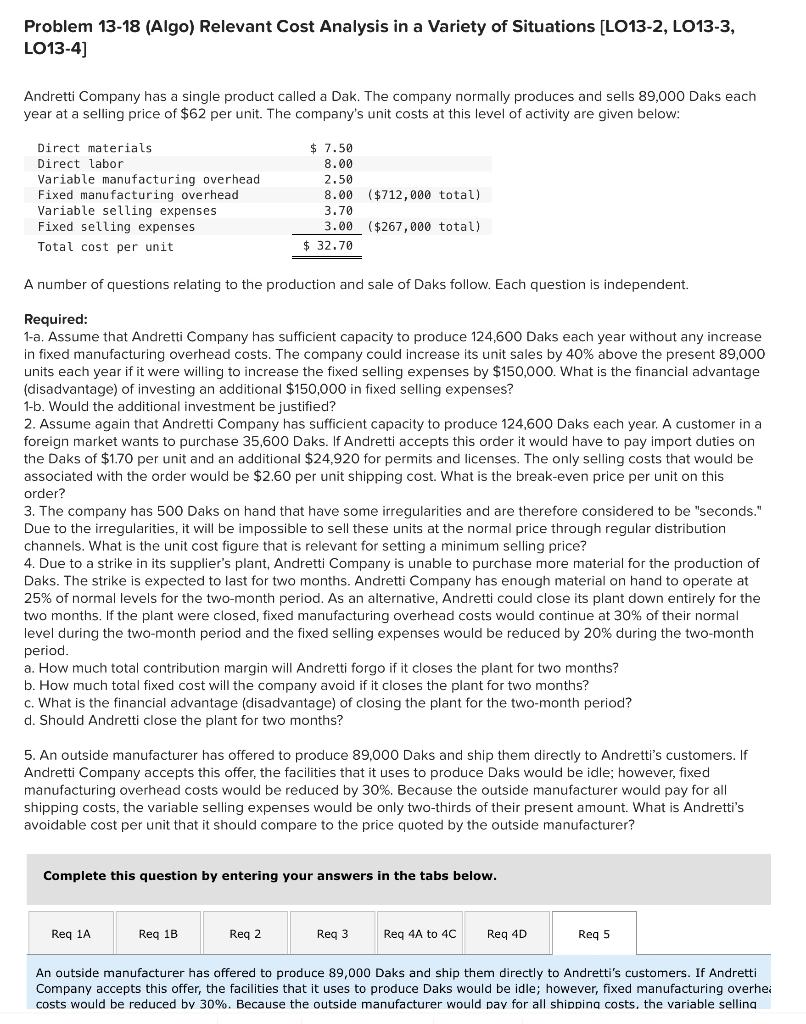 Solved Problem 13-18 (Algo) Relevant Cost Analysis In A | Chegg.com