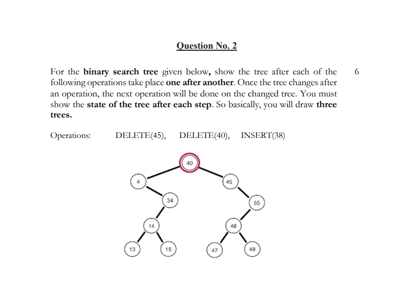 Solved Question No. 2 6 For the binary search tree given | Chegg.com