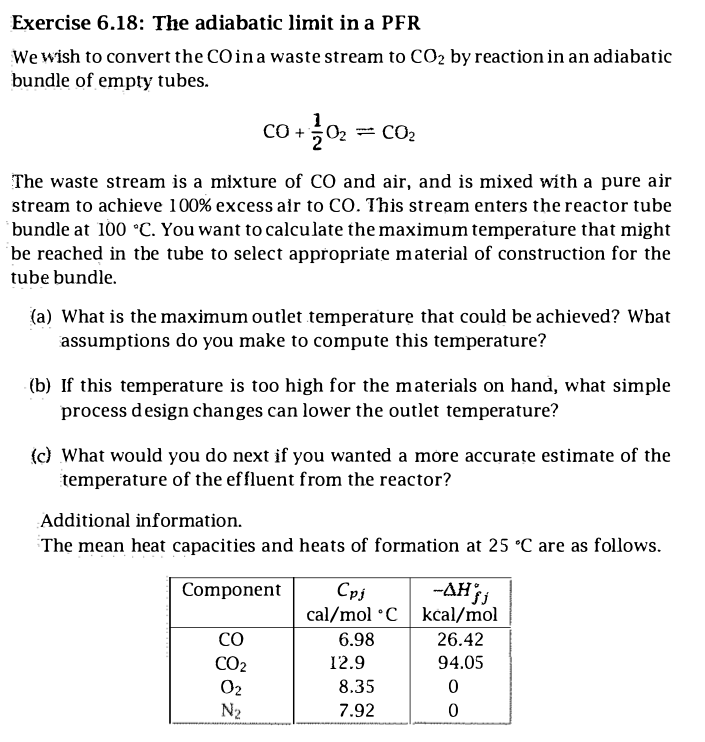Solved Exercise 6.18: The adiabatic limit in a PFR We wish | Chegg.com