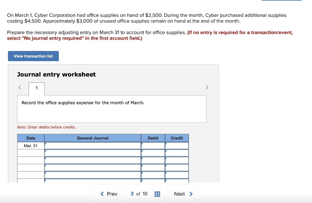 Solved On March 1, Cyber Corporation had office supplies on 
