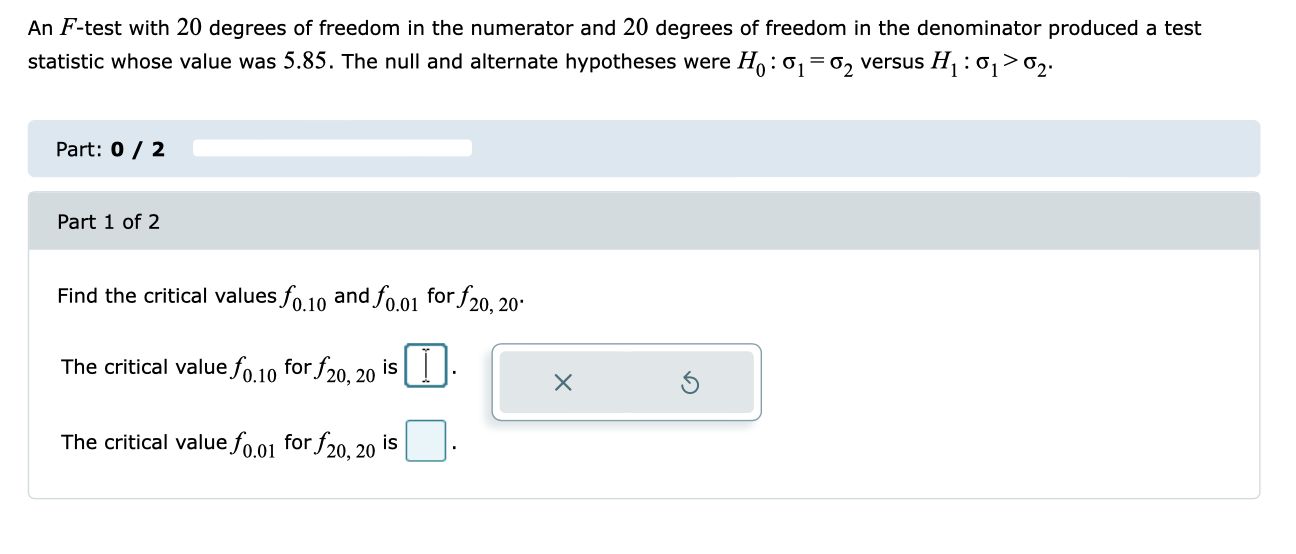 Solved An F-test with 20 degrees of freedom in the numerator | Chegg.com