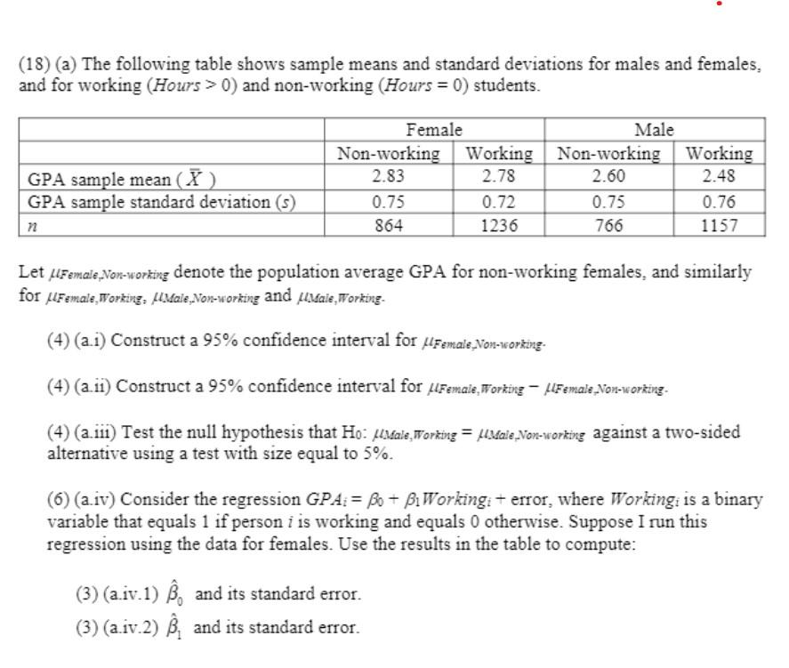 Solved (18) (a) The following table shows sample means and | Chegg.com