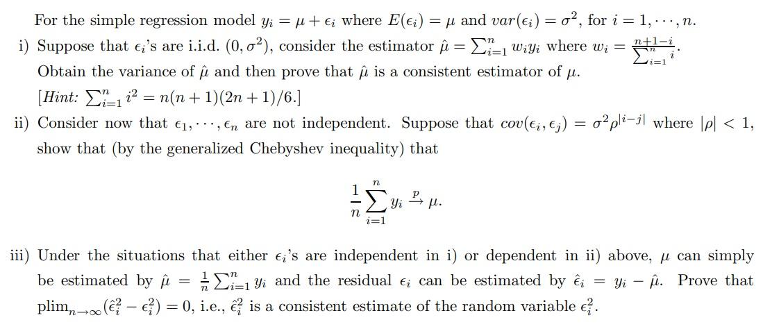 N 1 I For The Simple Regression Model Yi U Ki Chegg Com