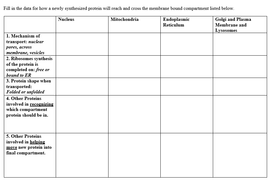 Solved Fill in the data for how a newly synthesized protein | Chegg.com