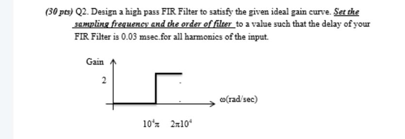 Solved (30 pts) Q2. Design a high pass FIR Filter to satisfy | Chegg.com