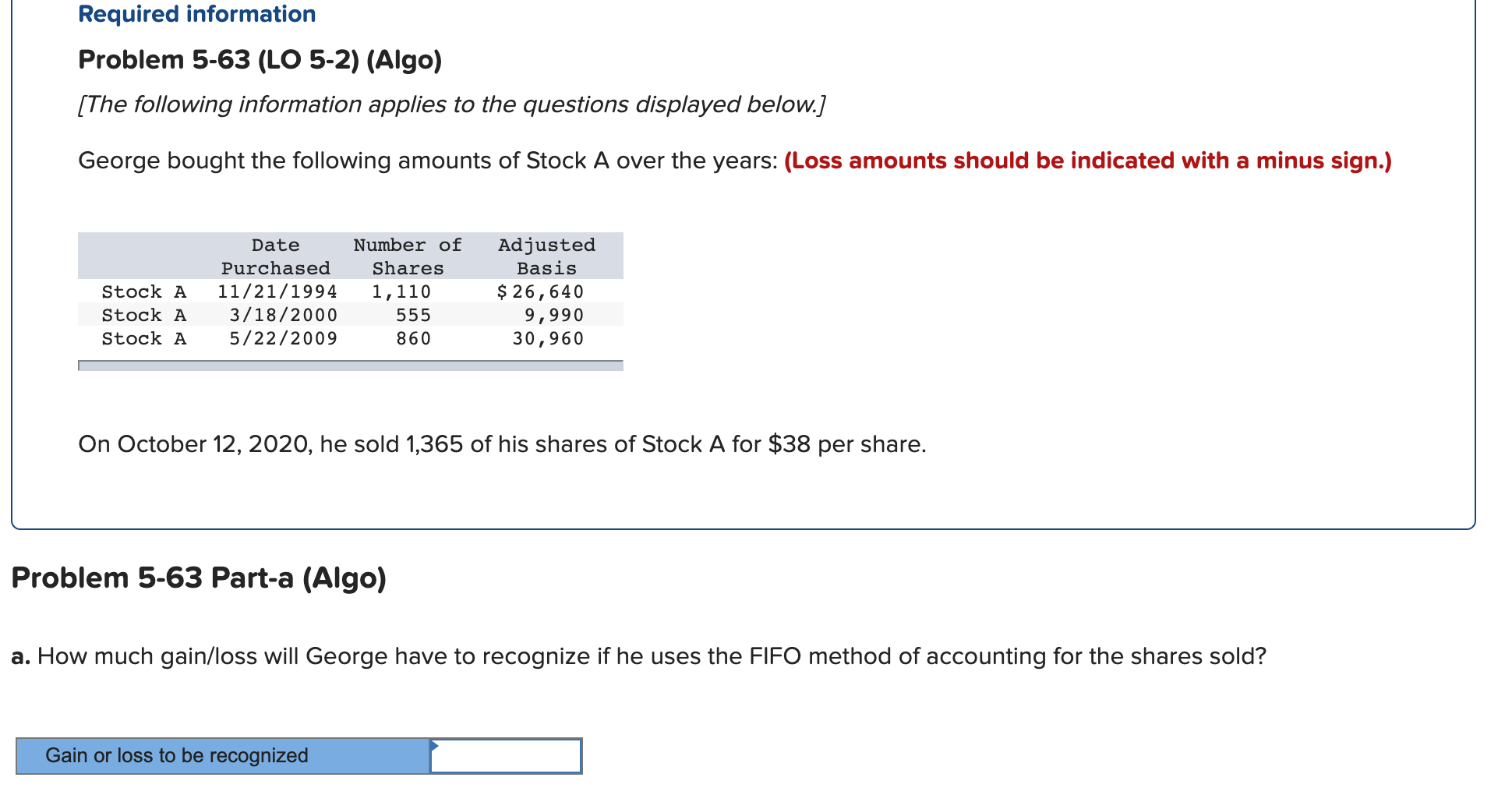 Solved Required Information Problem 5-63 (LO 5-2) (Algo) | Chegg.com