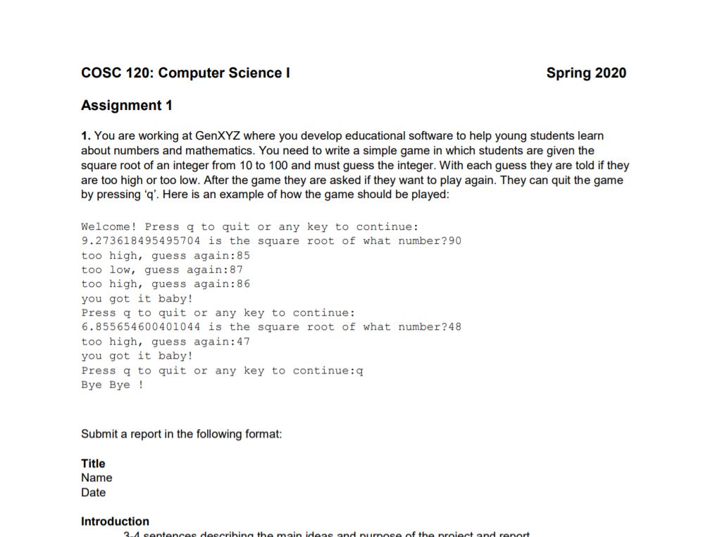 Solved COSC 120: Computer Science Spring 2020 Assignment 1 | Chegg.com