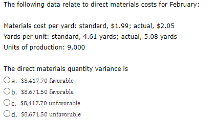 Solved The direct materials quantity variance is the | Chegg.com