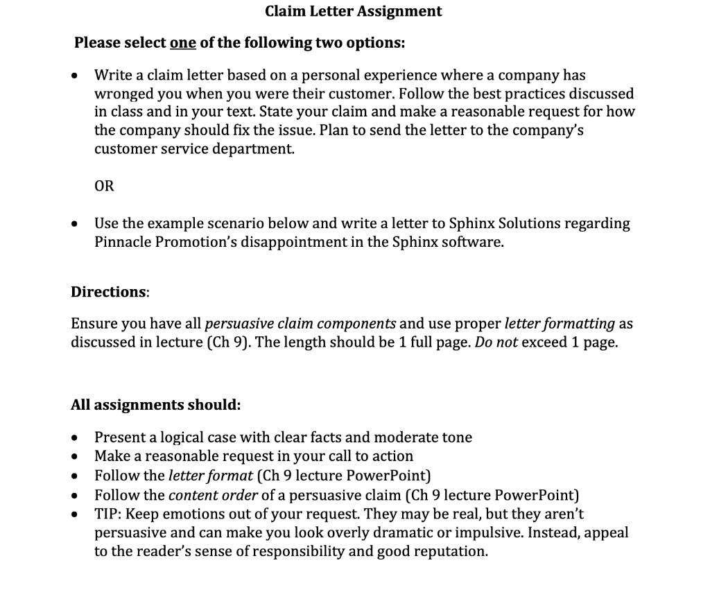Claim Letter Assignment Please select one of the  Chegg.com