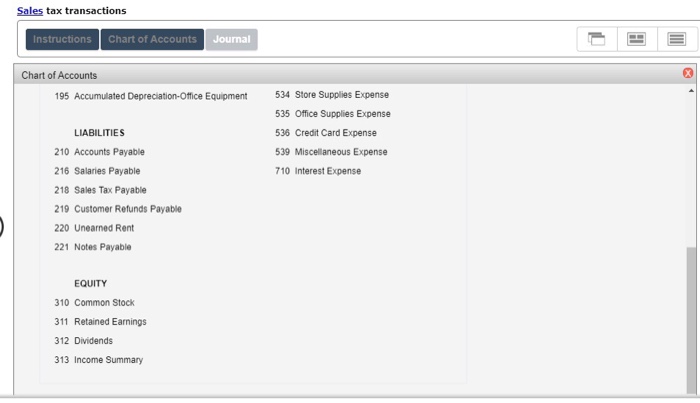 Solved Sales tax transactions Chart of Accounts Journal | Chegg.com