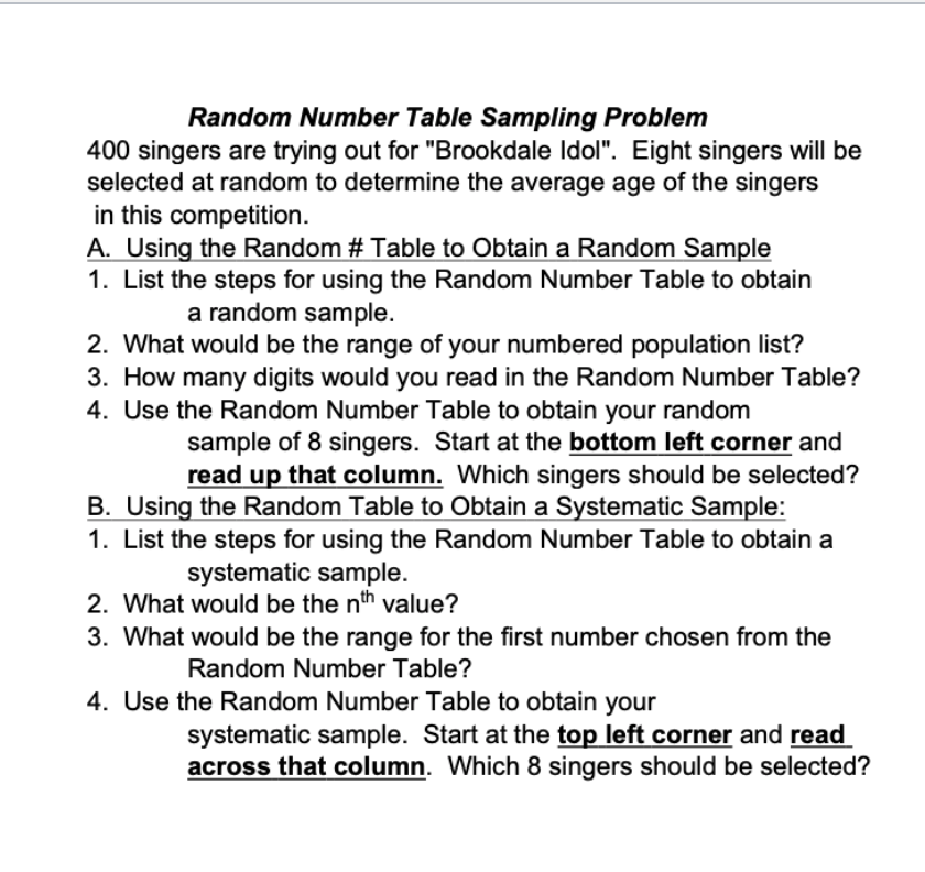 Random Number Table Sampling Problem 400 singers are | Chegg.com