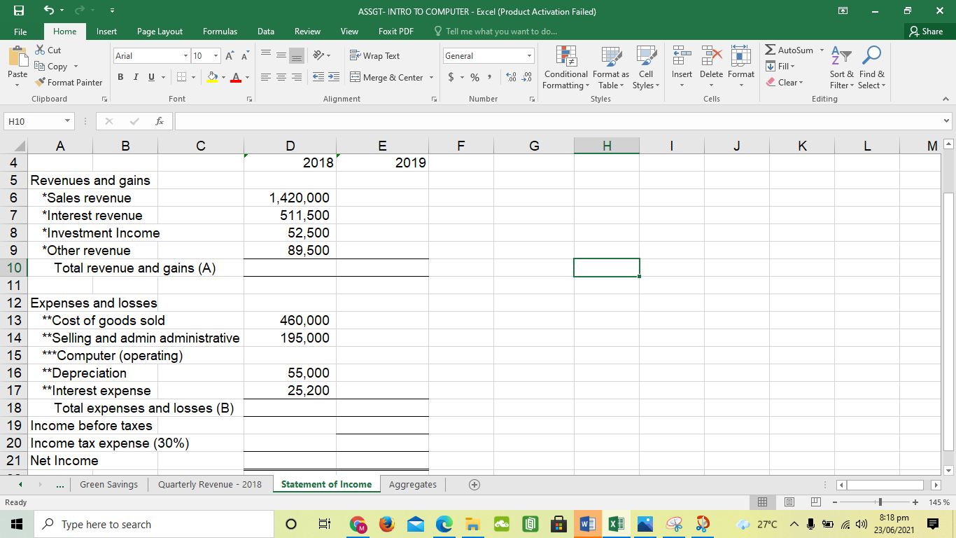 Solved Using the “Statement of Income” worksheet, center the | Chegg.com