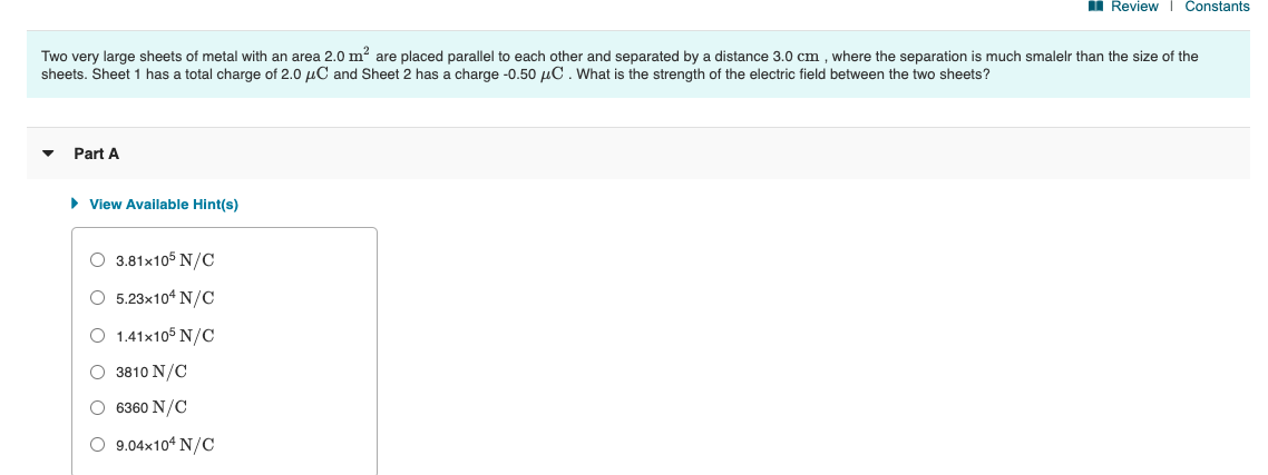 Solved 1 Review Constants Two Very Large Sheets Of Metal | Chegg.com