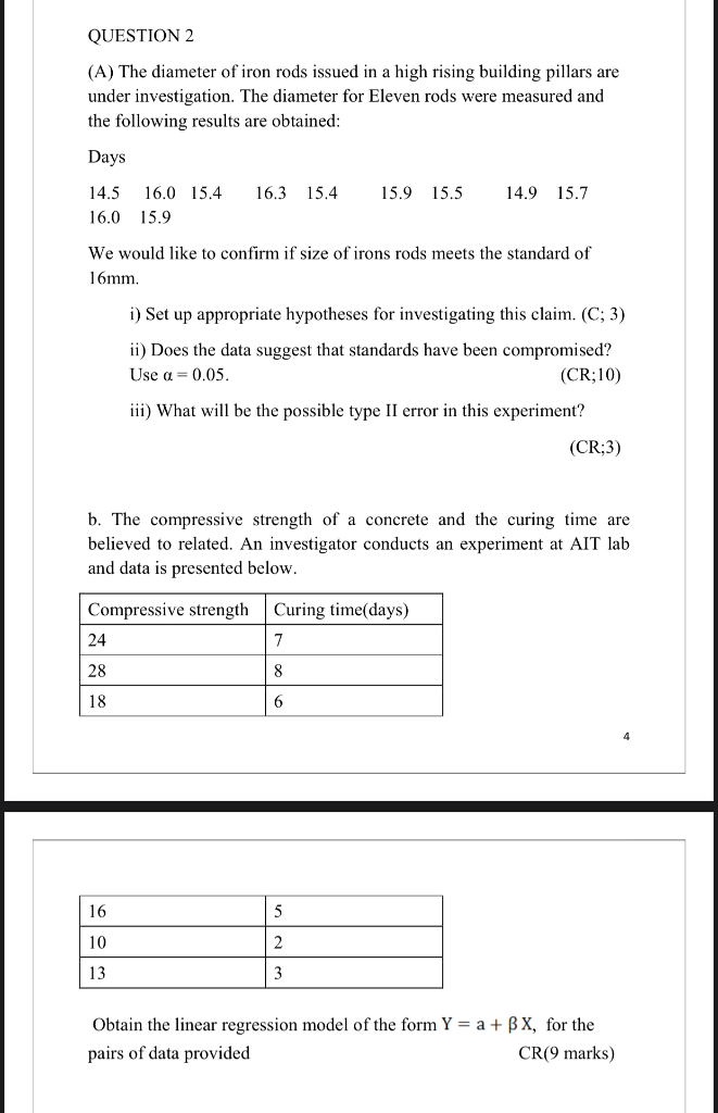 Solved QUESTION 2 (A) The Diameter Of Iron Rods Issued In A | Chegg.com