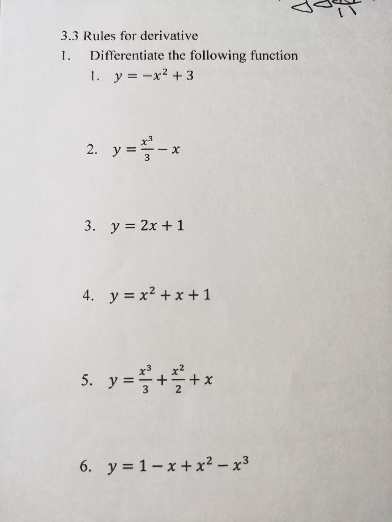 1. \( y=-x^{2}+3 \) 2. \( y=\frac{x^{3}}{3}-x \) 3. \( y=2 x+1 \) 4. \( y=x^{2}+x+1 \) 5. \( y=\frac{x^{3}}{3}+\frac{x^{2}}{2