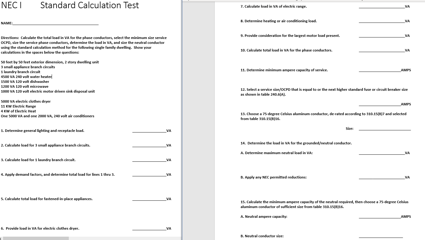 NECT Standard Calculation Test 7. Calculate load in | Chegg.com