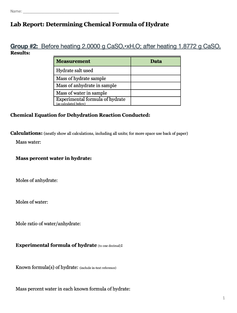 Solved Name Lab Report Determining Chemical Formula of