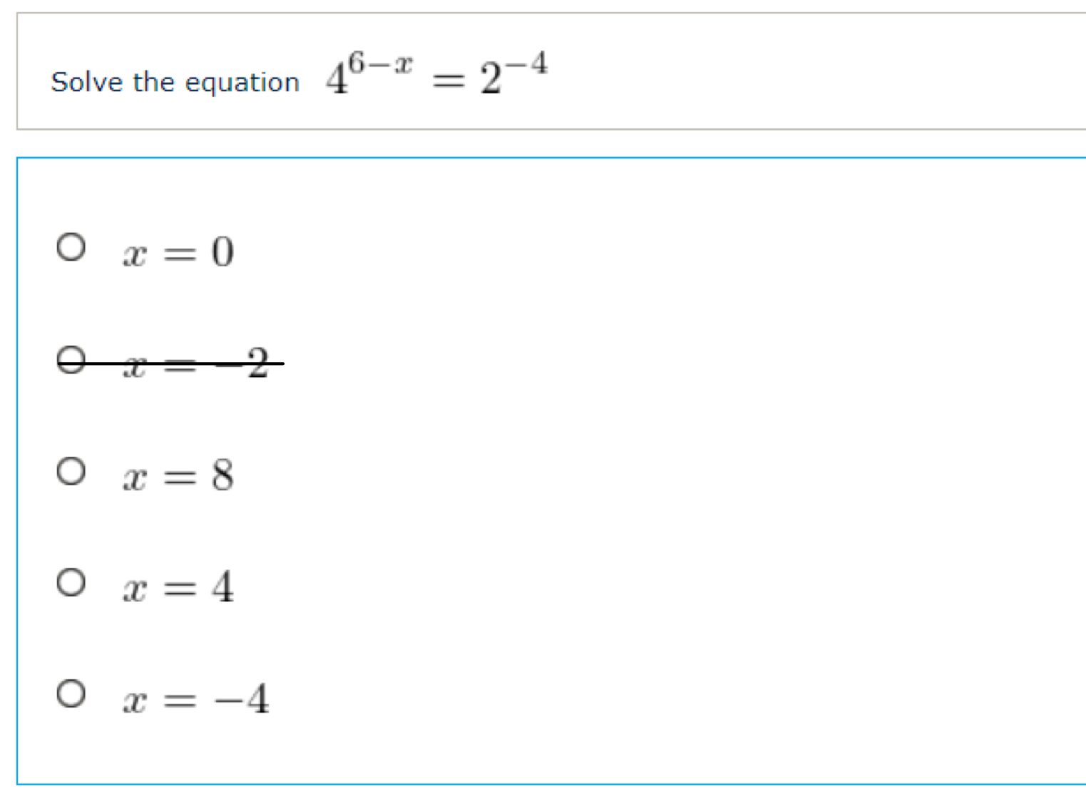 Solved Solve The Equation 46-x=2-4x=0x=8x=4x=-4 | Chegg.com | Chegg.com