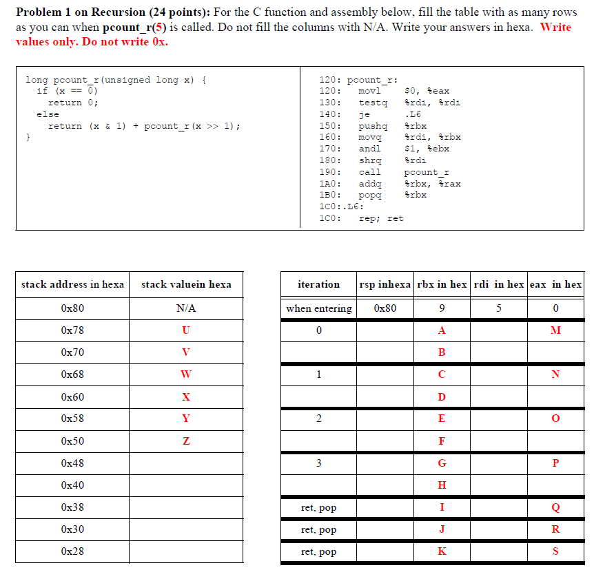 Problem 1 on Recursion ( 24 points): For the C | Chegg.com