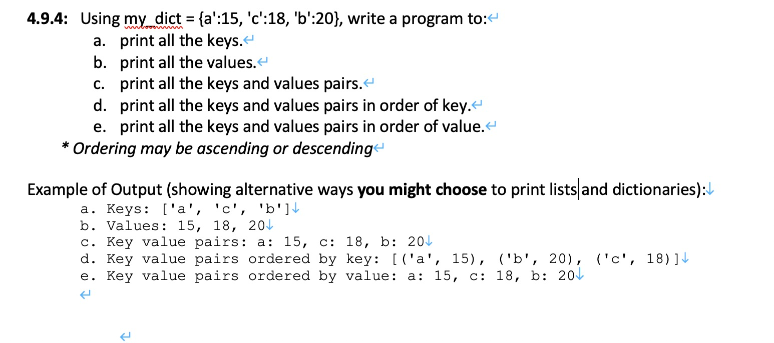 Solved 4.9.4 Using my dict = {a'15, 'c'18, 'b'20}, write
