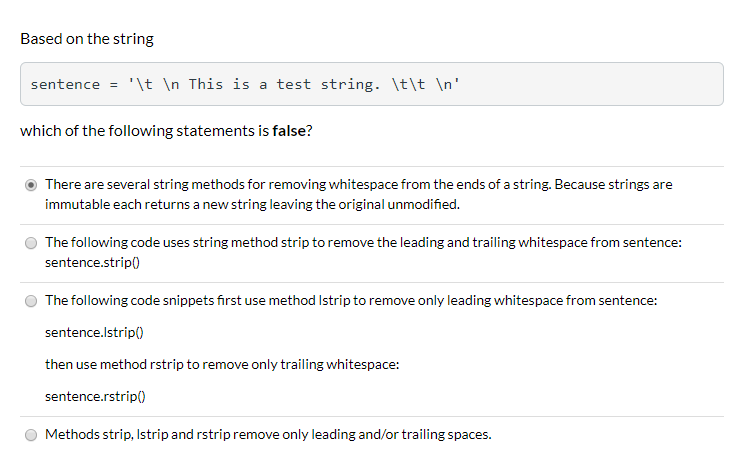 Solved Based on the string sentence = '\t \n This is a test | Chegg.com