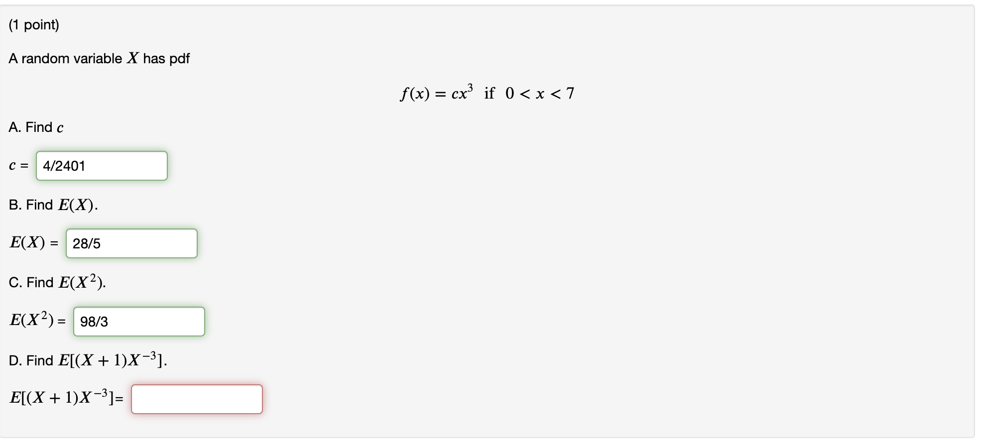 Solved (1 point) A random variable X has pdf A. Find c C = | Chegg.com
