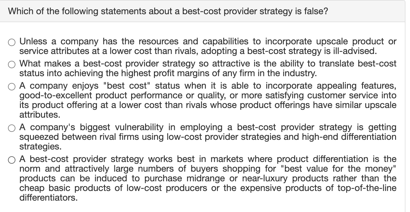 Solved Which of the following statements about a best-cost | Chegg.com