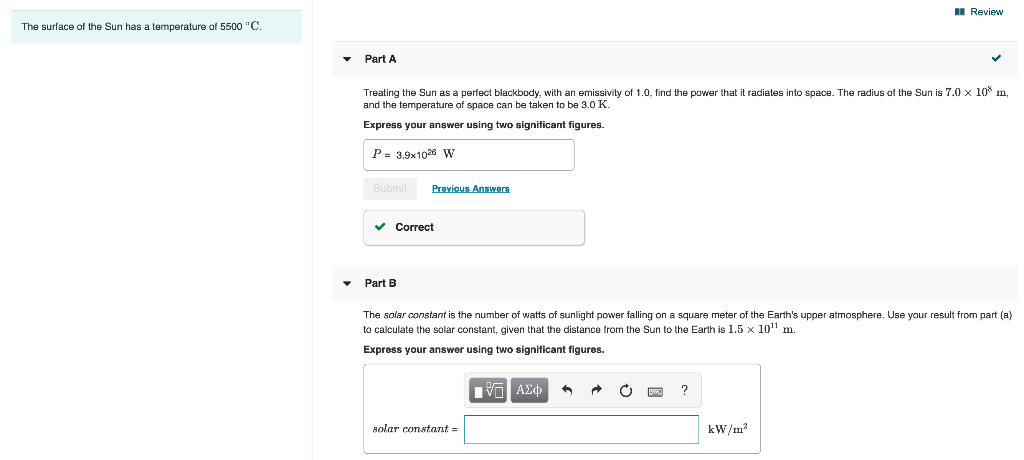 Solved In Review The surface of the Sun has a temperature of | Chegg.com