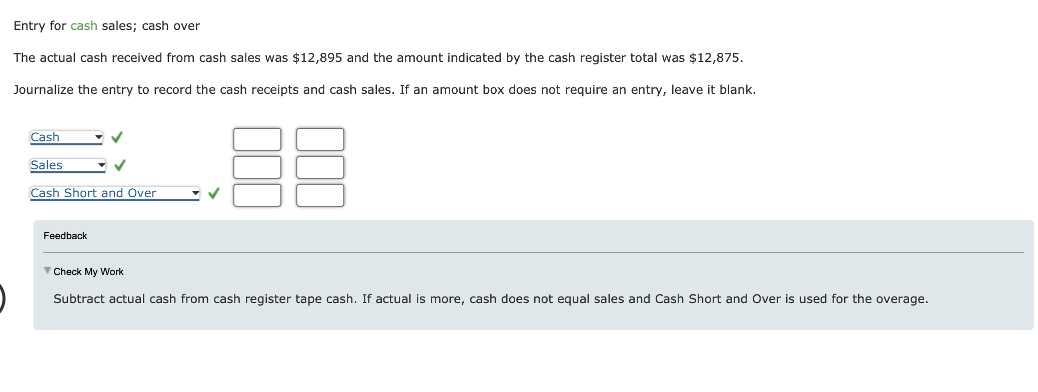 Solved Entry for cash sales; cash over The actual cash