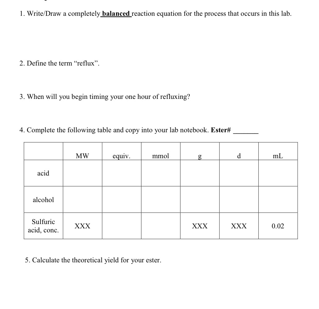 Solved 1. Write/Draw a completely balanced reaction equation | Chegg.com