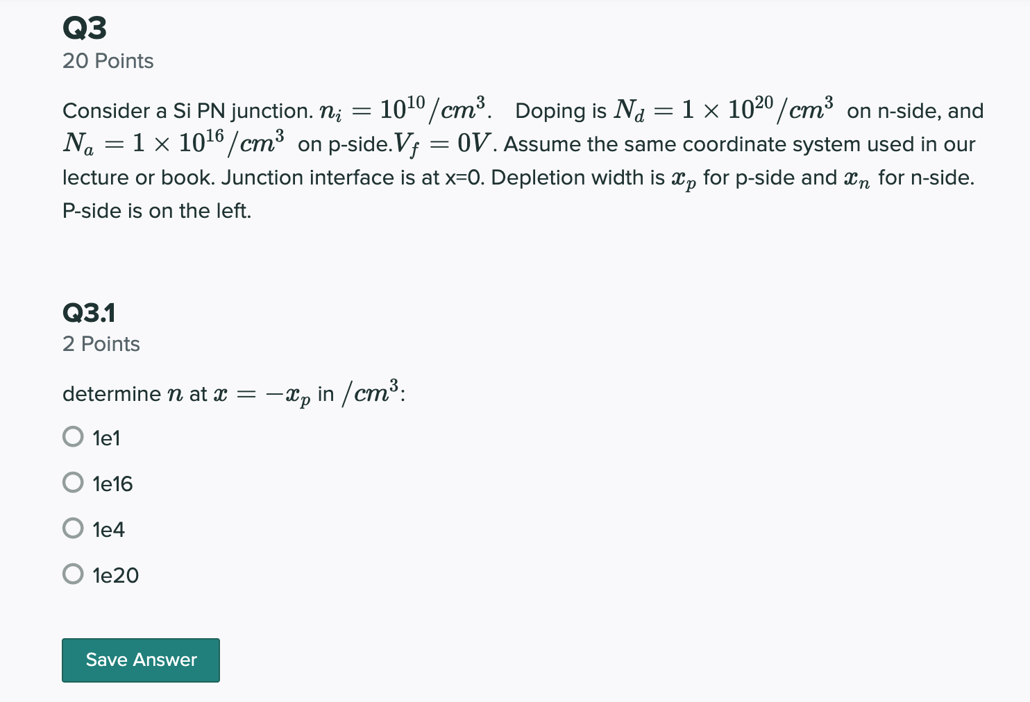 Solved Q3 20 Points = Consider a Si PN junction. Ni 1010 | Chegg.com