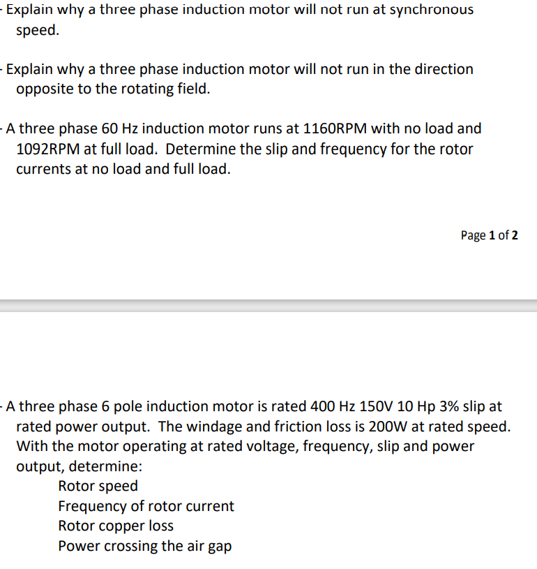 Solved Explain why a three phase induction motor will not