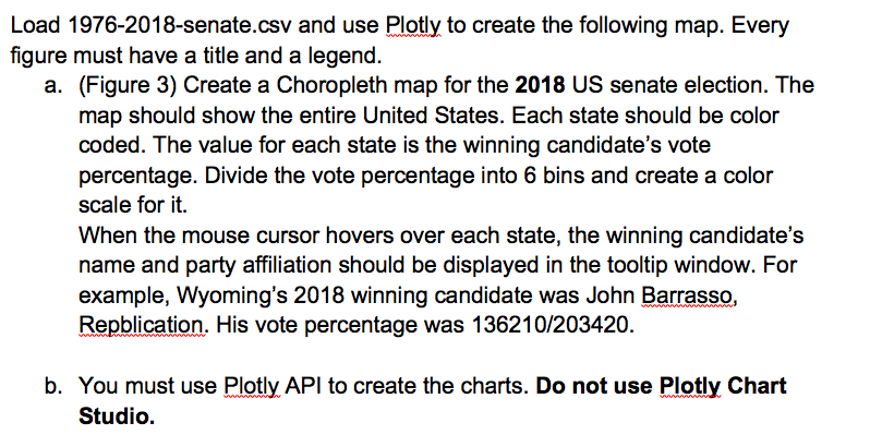 Load 1976-2018-senate.csv and use Plotly to create the following map. Every figure must have a title and a legend. a. (Figure