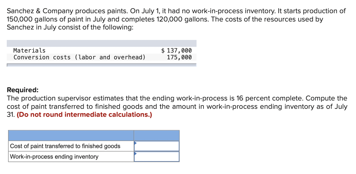 Solved Sanchez \& Company produces paints. On July 1 , it