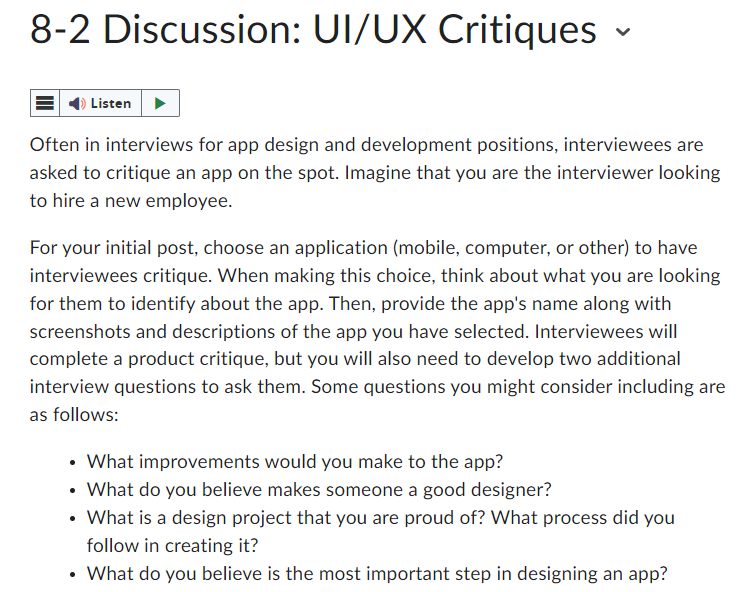 Solved 8-2 Discussion: UI/UX Critiques Often in interviews | Chegg.com