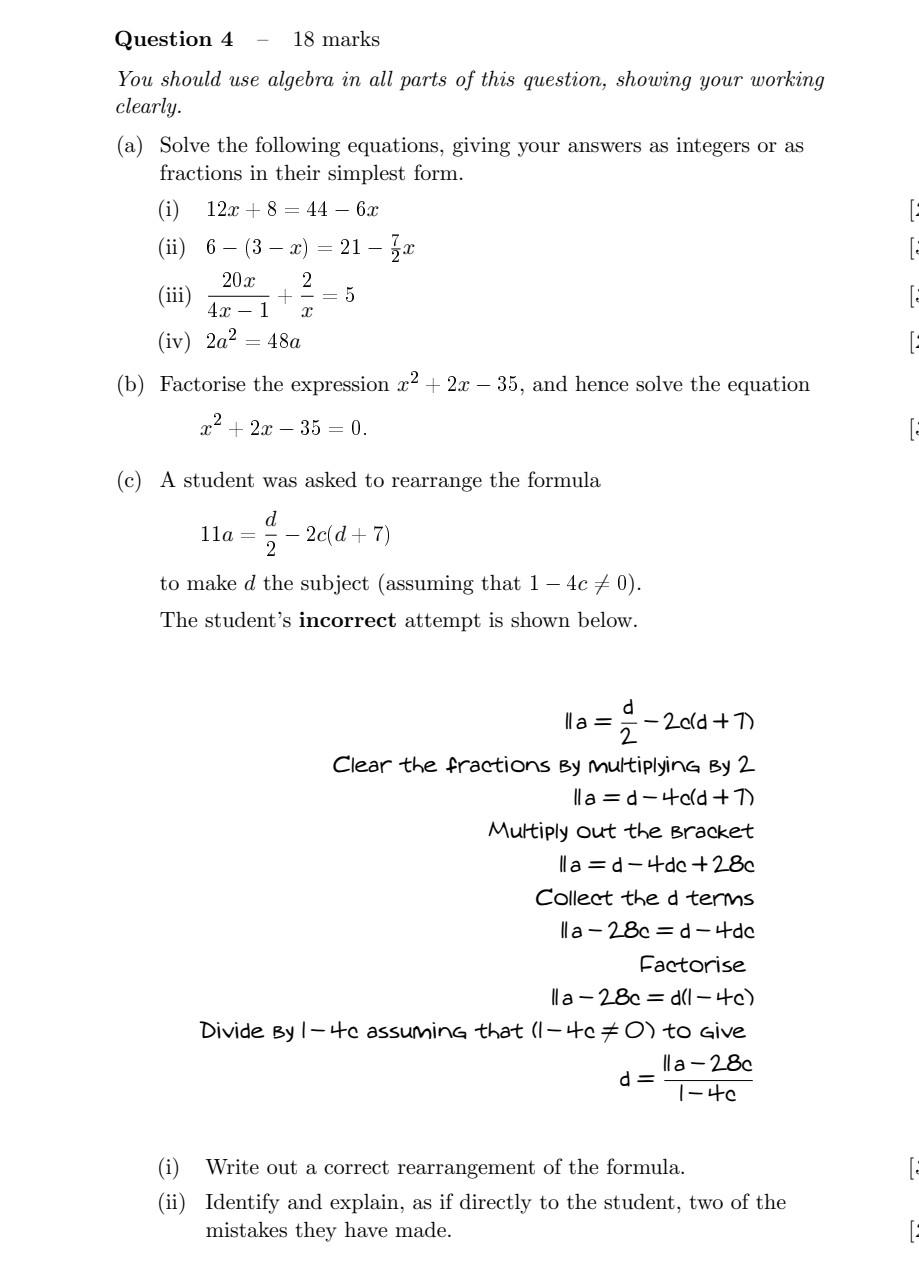 Solved Question 4 18 marks You should use algebra in all | Chegg.com