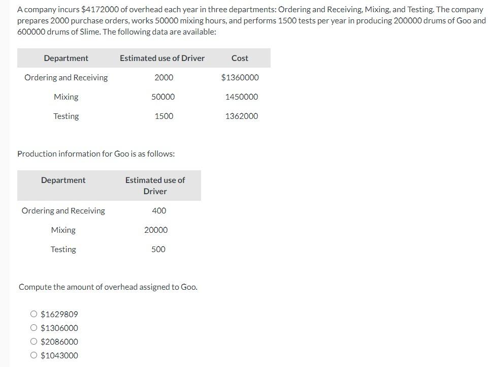 Solved A company incurs $4172000 of overhead each year in | Chegg.com