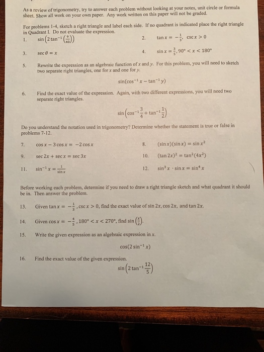Solved As a review of trigonometry, try to answer each | Chegg.com