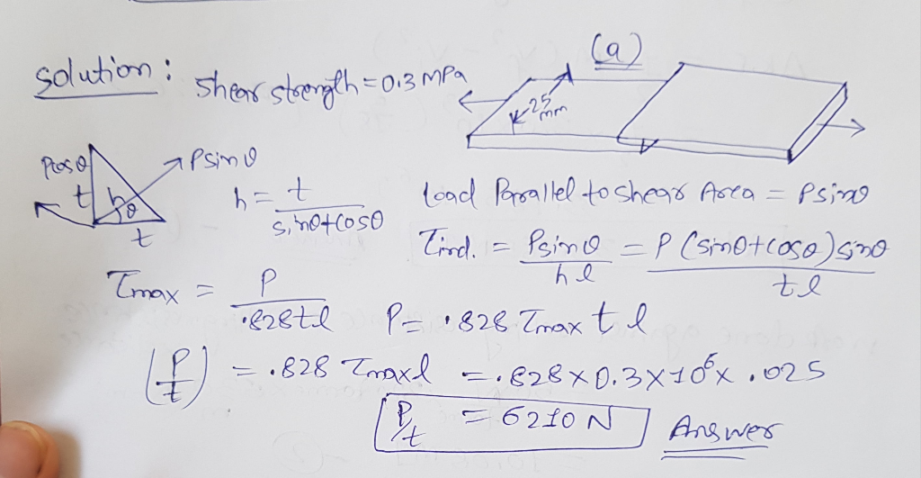 Shear strength = 0.3 MPa
A
Kimm
Posol
apsimo
s, notcoso
1828th
= .828
load Parallel to shear Area = psimo
Tind. = Psino =P (s