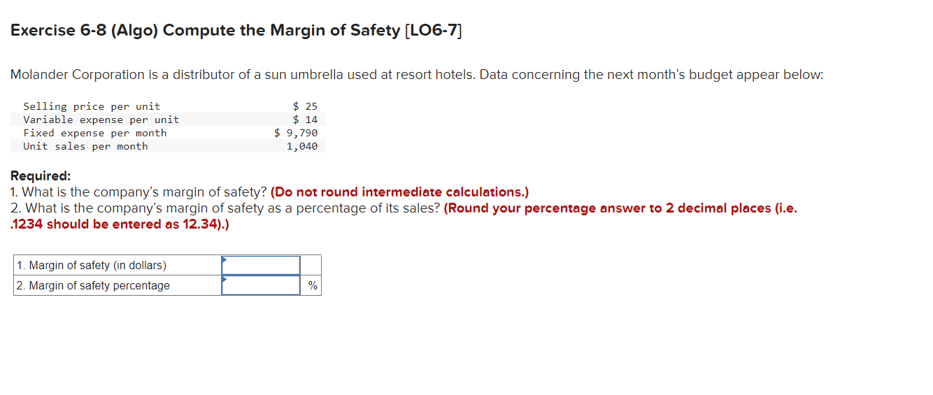 Solved Exercise 6-8 (Algo) Compute The Margin Of Safety | Chegg.com