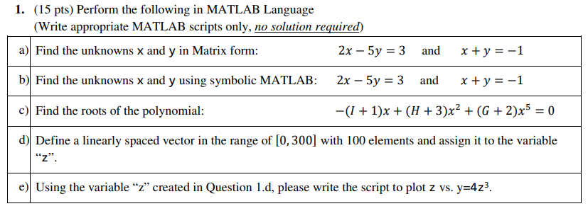 Solved 1. (15 pts) Perform the following in MATLAB Language | Chegg.com