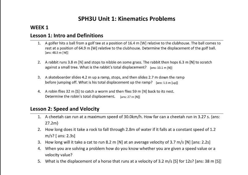 Solved SPH3U Unit 1: Kinematics Problems WEEK 1 Lesson 1: | Chegg.com