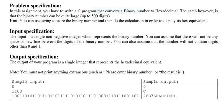 Solved Problem specification: In this assignment, you have | Chegg.com