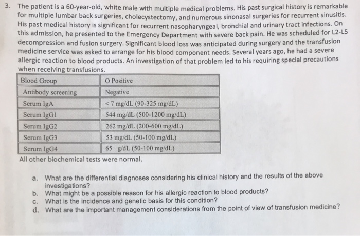Solved 3. The patient is a 60-year-old, white male with | Chegg.com