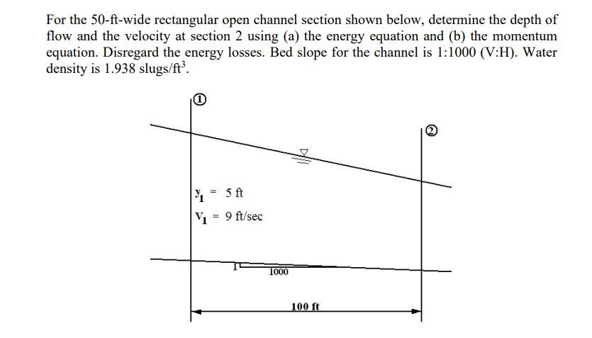 For the 50 -ft-wide rectangular open channel section shown below, determine the depth of flow and the velocity at section 2 u