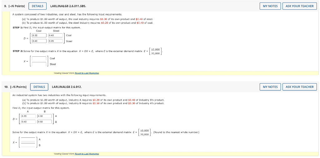 Solved A system composed of two industries, coal and steel, | Chegg.com